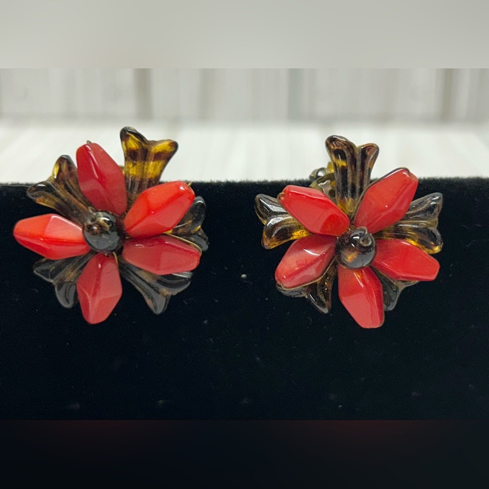 Vintage 1950’s W Germany Earrings Glass Bead Cluster Pair Brown Red Clip On